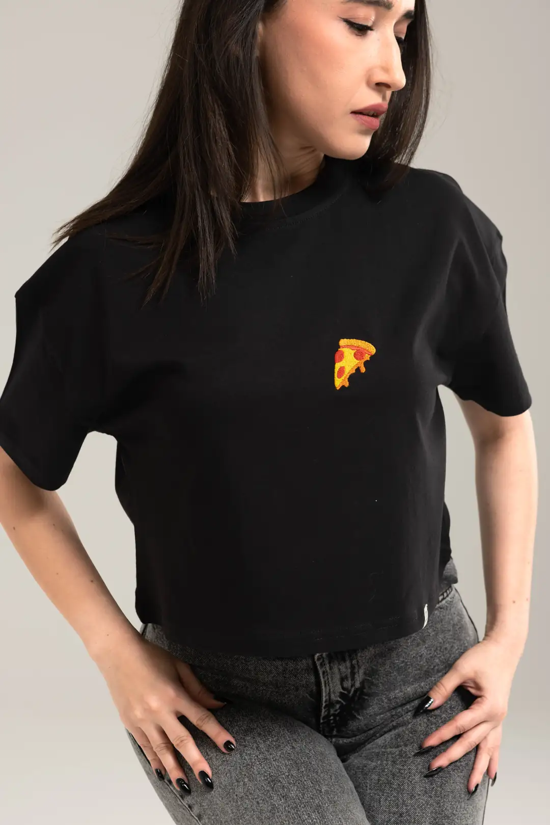 Pizza - Rahat Kalıp Crop - Siyah 2
