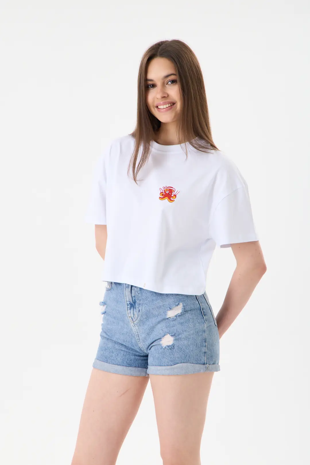 Aşçı Ahtapot - Rahat Kalıp Crop - Beyaz 2